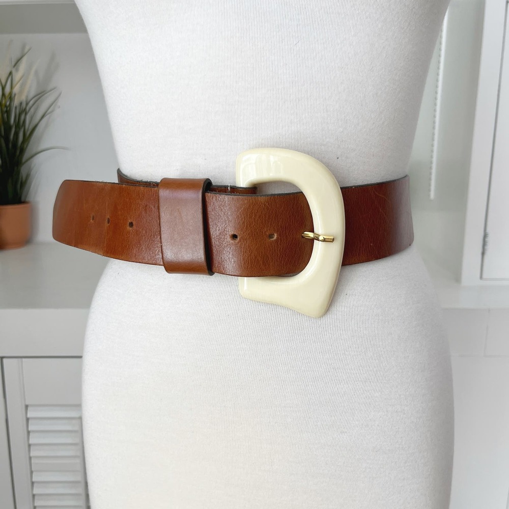 Vintage Doppia Vita Italy Brown Leather Acrylic Buckle Wide Belt - Picture 1 of 7